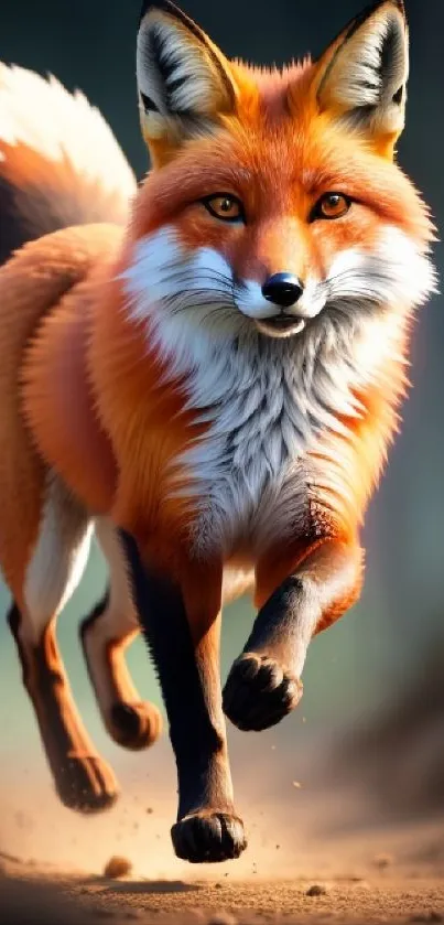 A vibrant fox captured in motion within a natural forest setting.