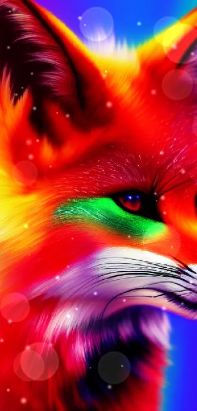 Vivid fox in rainbow colors with a gradient effect on a mobile wallpaper.