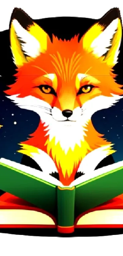 Vibrant illustration of a fox reading under a starlit sky.