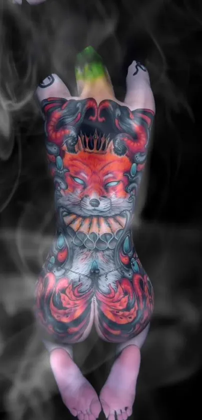 Colorful fox tattoo wallpaper with smoky effect background.