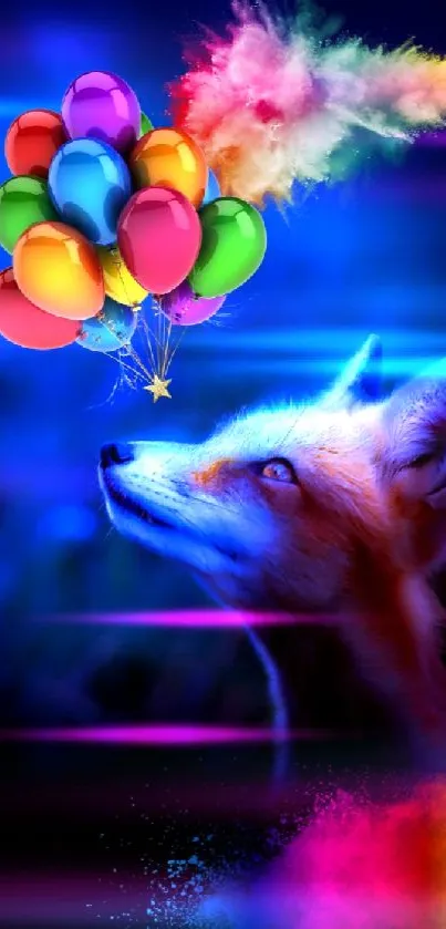 Artistic wallpaper of a fox with colorful balloons, vibrant and whimsical design.