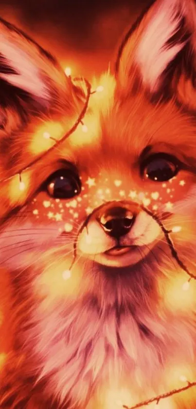 Vibrant fox illuminated with fairy lights creating a magical ambiance.