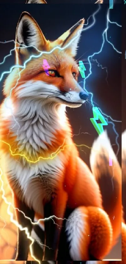 A vibrant orange fox with lightning in a dynamic mobile wallpaper design.