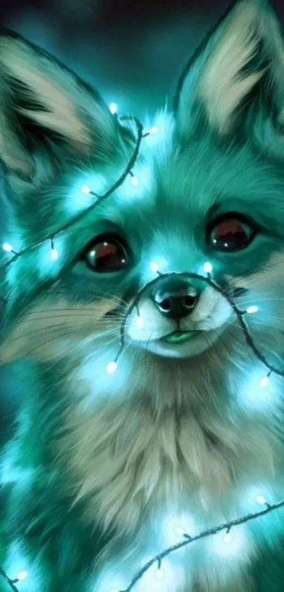 Cute fox surrounded by teal neon lights on a dark background.