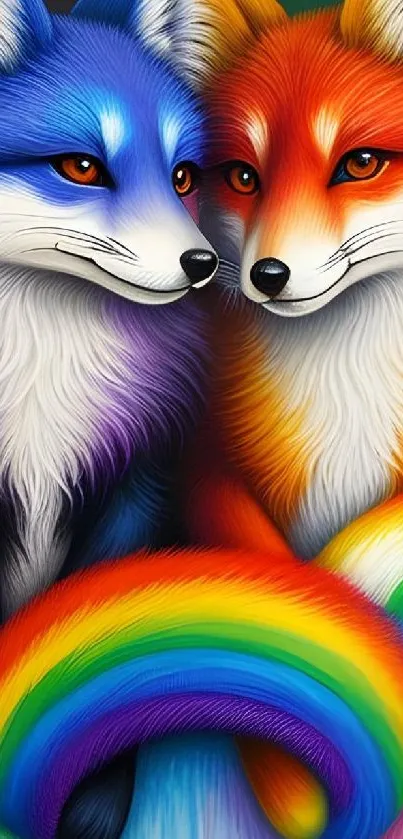 Vibrant foxes with rainbow background mobile wallpaper.