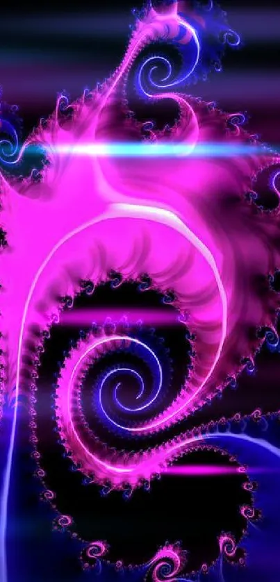 Neon pink and blue fractal art on a black background.