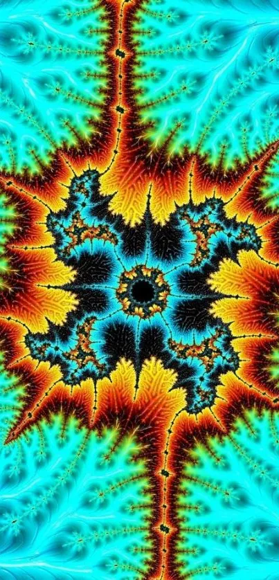 Vibrant fractal art wallpaper with turquoise, red, and black patterns.