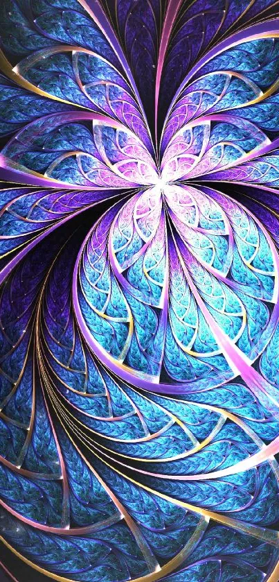 Dynamic fractal art in blue and purple hues creates a stunning mobile wallpaper.