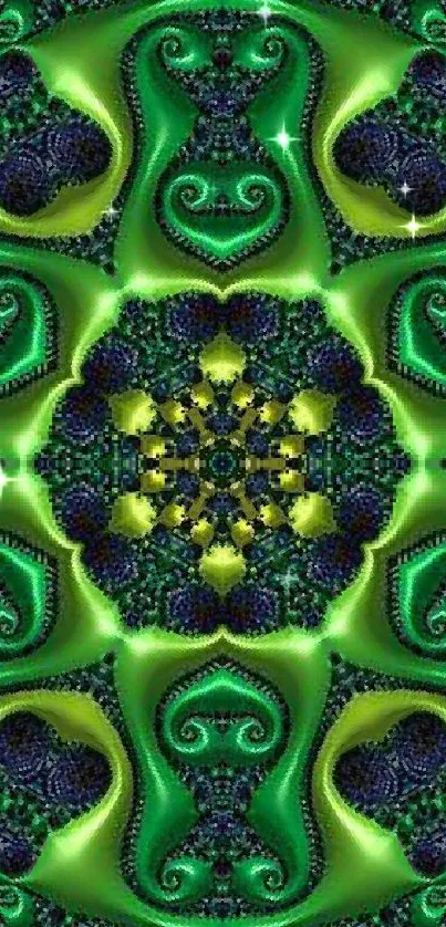 Colorful fractal art wallpaper with green and yellow patterns.