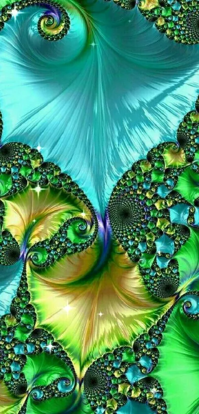 Colorful fractal art wallpaper with vibrant green and blue patterns.