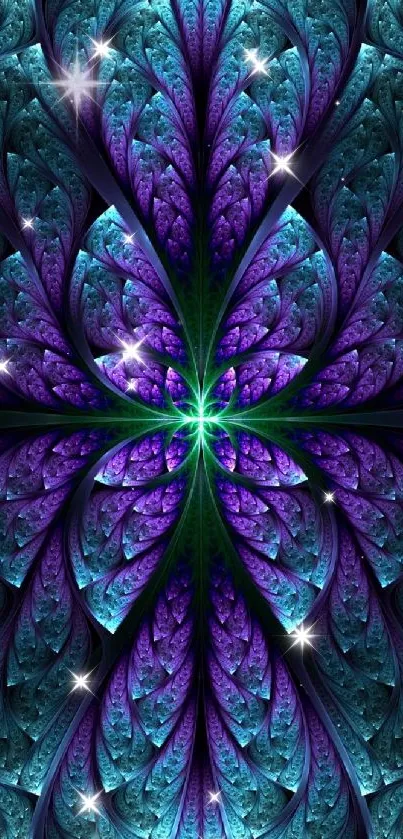 Fractal wallpaper with vibrant blue and purple hues, forming a symmetrical design.