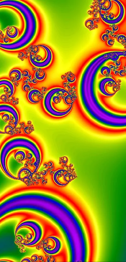 Vibrant fractal art with colorful, psychedelic patterns on a smartphone wallpaper.