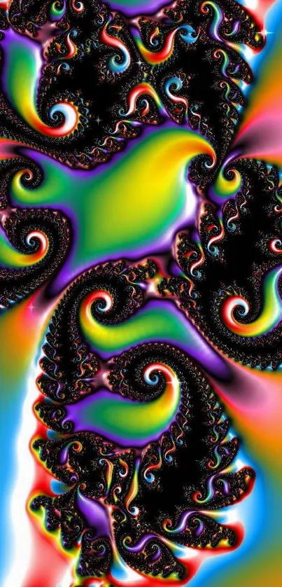 Vibrant fractal art with swirling colors and patterns for a phone wallpaper.