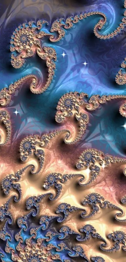 Vibrant fractal art wallpaper with blue and gold swirls.