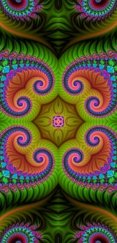 Vibrant fractal art with green spirals.