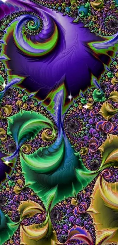 Vibrant fractal wallpaper with purple, green, and gold swirling patterns.