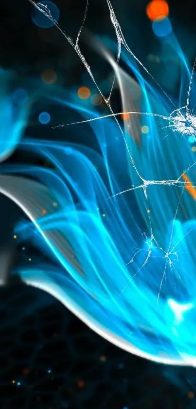 Vibrant abstract wallpaper with blue fractal waves, dynamic patterns, and orange accents.