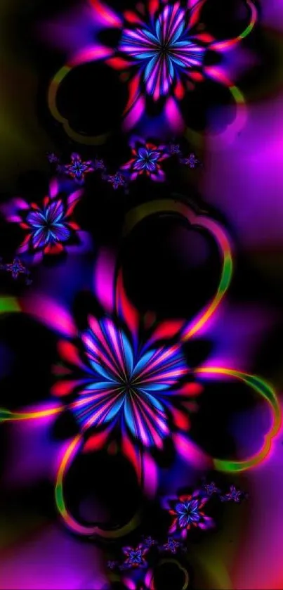 Vibrant psychedelic fractal flowers in purple and pink hues.