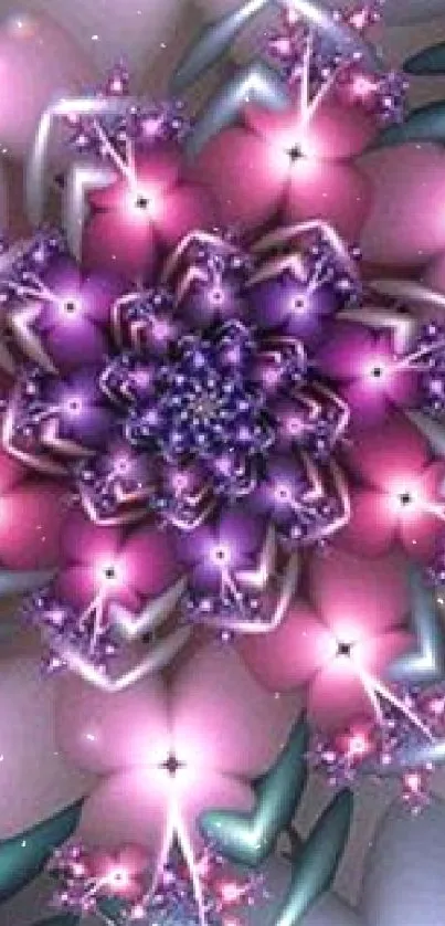 Vibrant fractal flower wallpaper with pink and purple hues forming a geometric pattern.