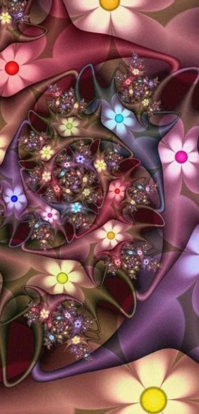 Vibrant fractal flower pattern in pink, purple, and green hues for mobile wallpaper.