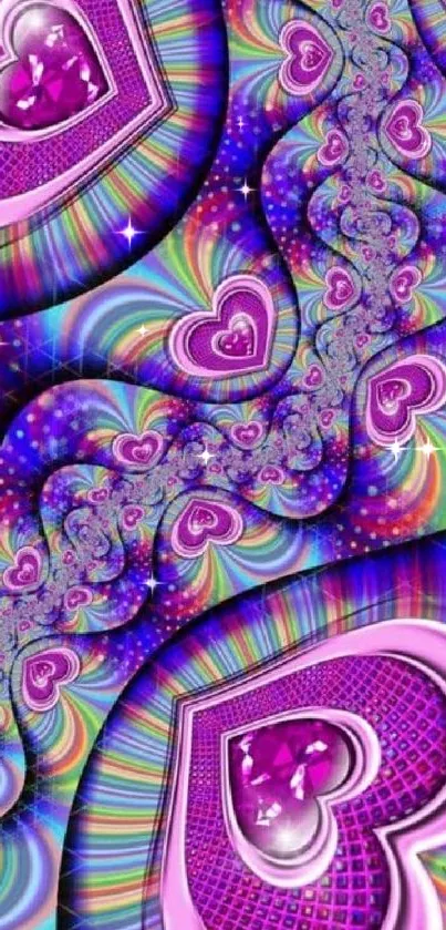 Vibrant fractal heart pattern wallpaper in shades of pink, purple, and blue.