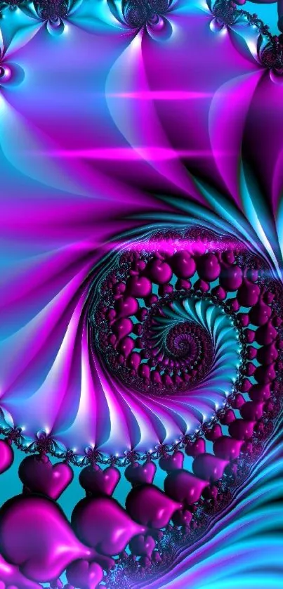 Colorful fractal design with purple hearts and blue background.