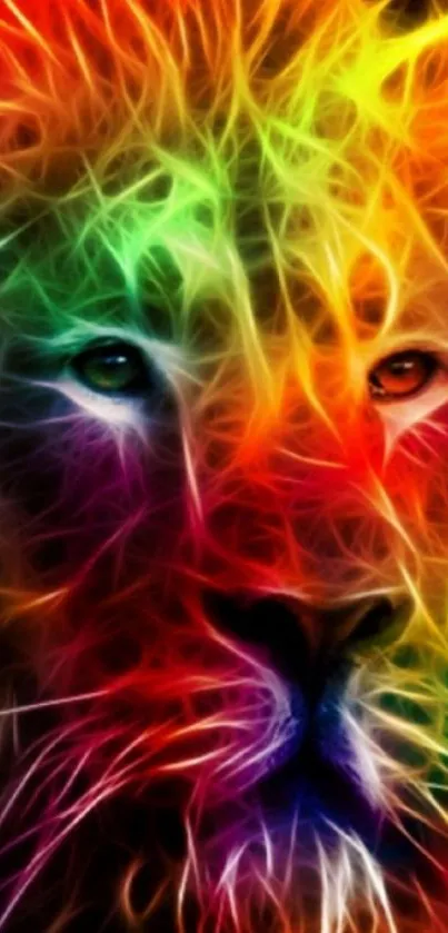 Colorful fractal lion art in rainbow hues, perfect for mobile wallpaper.