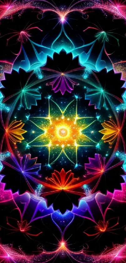 Vibrant fractal mandala with neon colors and intricate symmetrical design.