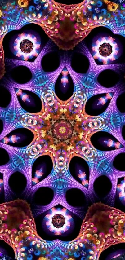 Vibrant fractal mandala design with colorful patterns and geometric shapes.