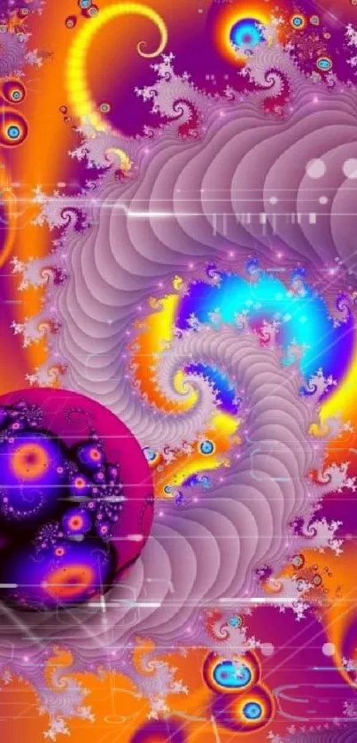 Vibrant fractal design with swirling purple and orange patterns.