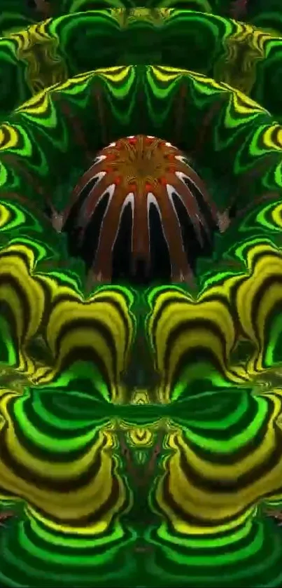 Intricate green and yellow fractal pattern mobile wallpaper.