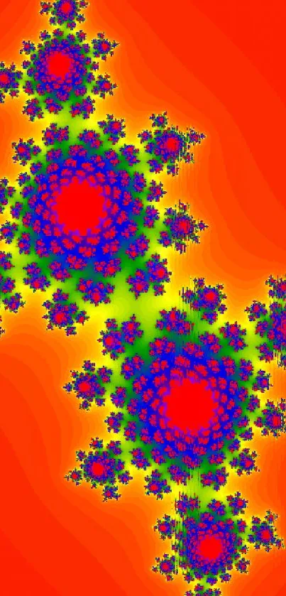 Vibrant fractal pattern wallpaper with red background and colorful design.