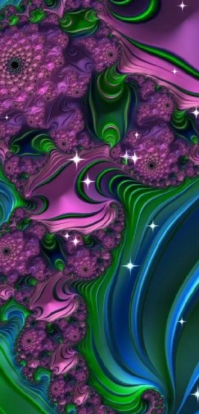 Vibrant fractal pattern with green and purple swirls.