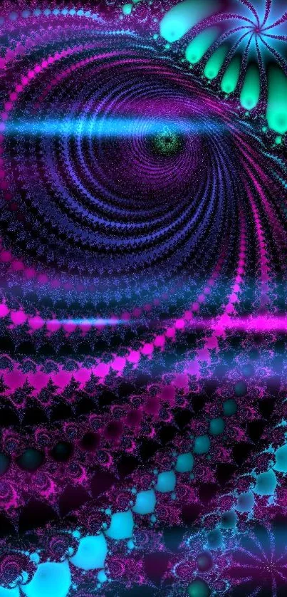 Colorful fractal spiral with purple and teal hues on mobile wallpaper.