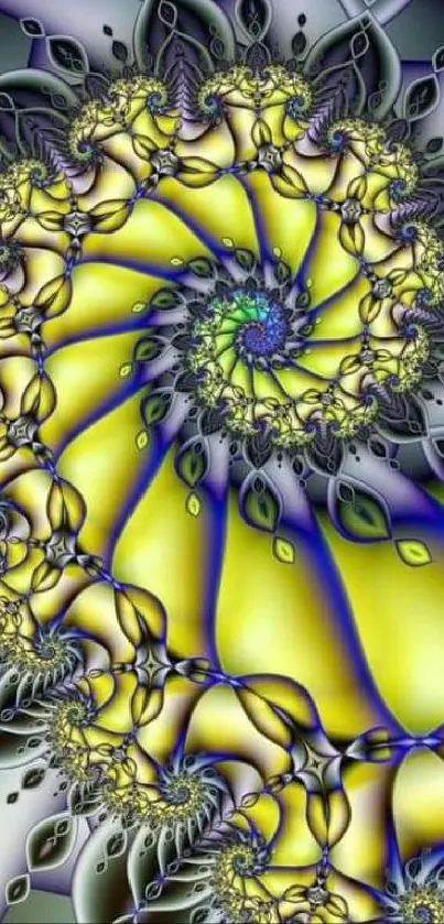 Vibrant yellow and purple fractal spiral art for mobile wallpaper.