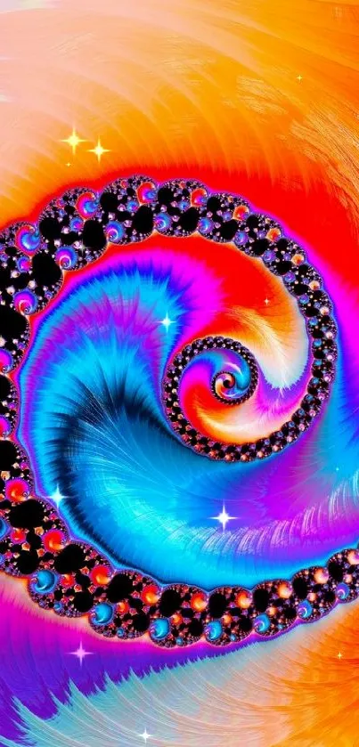 Vibrant fractal spiral wallpaper in red, blue, and purple hues.