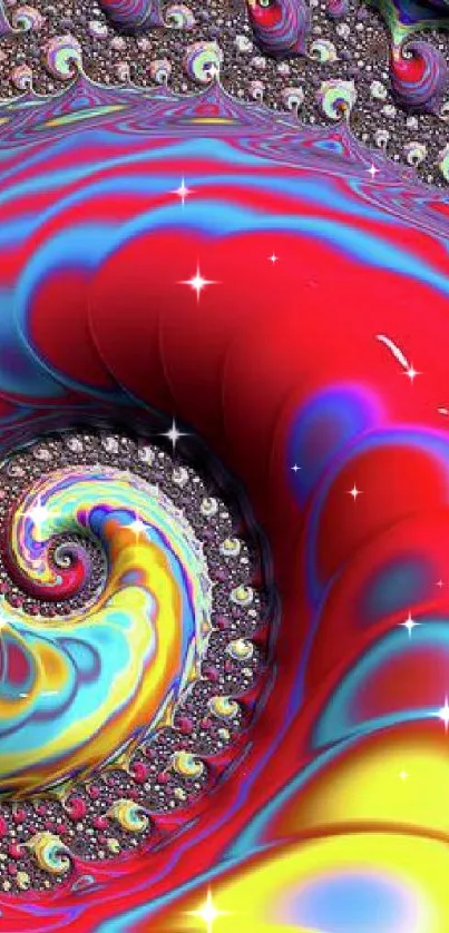 Vibrant fractal spiral art with red and colorful swirls.