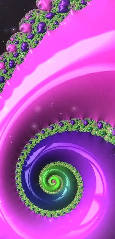 Vibrant pink and purple fractal spiral artwork with green accents.