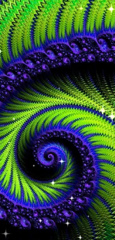 Vibrant fractal spiral wallpaper in green and blue hues for mobile screens.