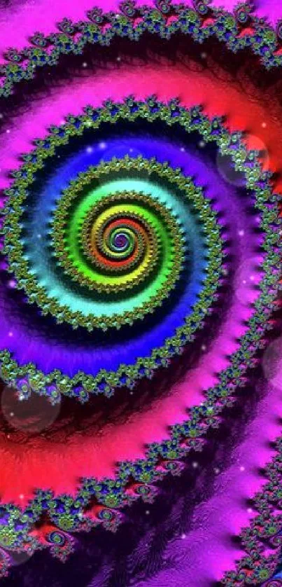 Vibrant fractal spiral with colorful patterns on a purple background.