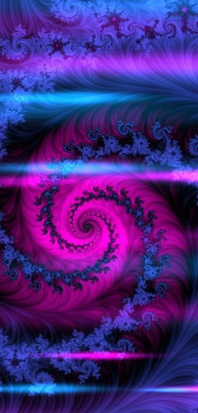 Vibrant fractal swirl with deep blue and pink tones in abstract design.