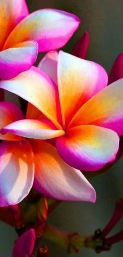 Vibrant frangipani flowers with bright pink and orange hues, perfect for phone wallpaper.