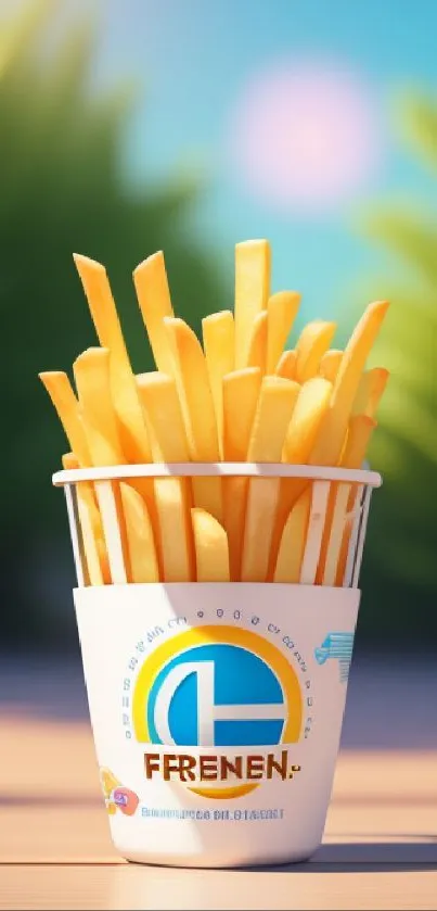 Golden fries in a cup against a vibrant, colorful background.