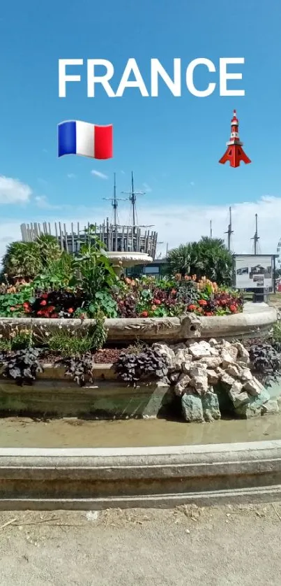 French garden landscape with flags and landmarks in a serene blue sky.