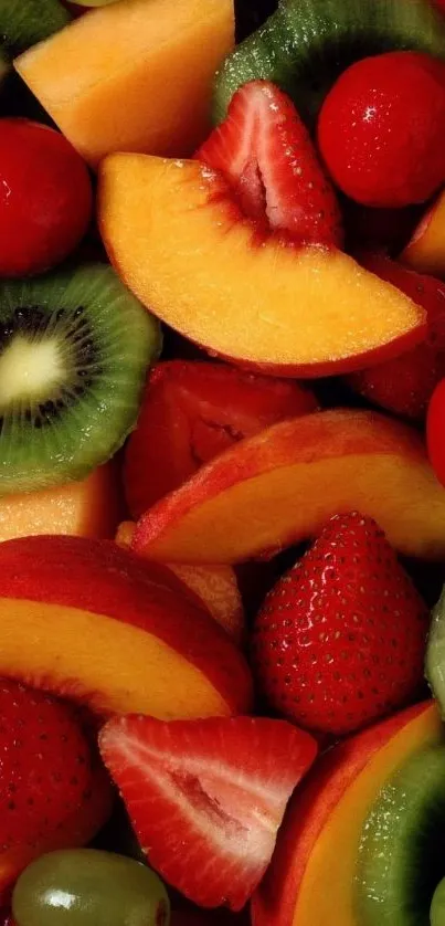 A vibrant mix of fresh fruits with strawberries, kiwis, and peaches.