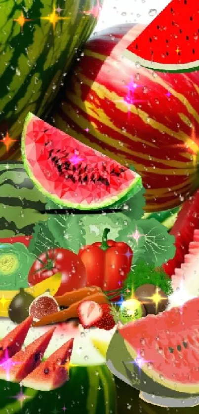 Vibrant collage of watermelons and fresh fruits in colorful hues.