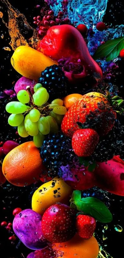 Artistic splash of vibrant, colorful fruits on a dark background.