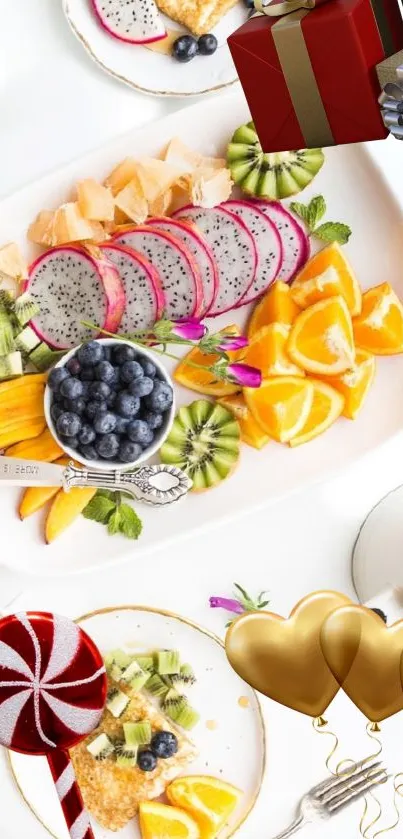 Colorful fruit spread on clean white table with berries and citrus.