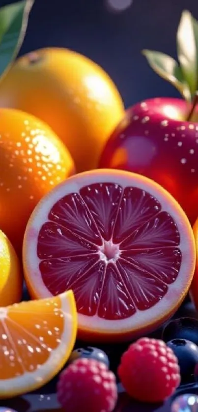 Colorful fruit assortment featuring oranges, apples, and berries.