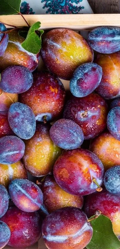 Vibrant and fresh plums in a wooden crate wallpaper.